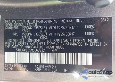 2021 Toyota Sienna Xle z USA, uszkodzony, nr VIN 5TDJRKEC5MS063932